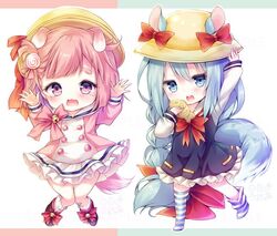  2girls animal_ears arm_up arms_up azur_lane black_footwear blue_dress blue_eyes blue_hair braid braided_ponytail candy candy_hair_ornament chibi commentary_request dog_ears dog_tail dress eating food food-themed_hair_ornament full_body hair_ornament hand_on_headwear hand_to_own_mouth hat kabocha_usagi kindergarten_uniform lollipop long_hair loose_thighhigh mikazuki_(azur_lane) multiple_girls open_mouth pink_eyes pink_hair pink_shirt ribbon school_hat shirt shoes short_dress short_hair side_ponytail skirt socks squirrel_ears squirrel_tail striped_clothes striped_thighhighs swirl_lollipop tail taiyaki tears thighhighs uzuki_(azur_lane) very_long_hair wagashi white_footwear white_skirt yellow_headwear 