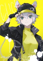  :3 adjusting_clothes adjusting_headwear animal_ears aqua_eyes arknights baseball_cap black_gloves black_hat black_jacket character_name click_(arknights) closed_mouth ears_through_headwear female fingerless_gloves gloves grey_hair hair_between_eyes hand_on_headwear hand_up hat highres jacket long_sleeves looking_at_viewer mouse_ears mouse_girl mouse_tail open_clothes open_jacket paint_splatter procreate_(medium) shirt short_hair signature simple_background smile solo tail tomboy turtleneck upper_body yellow_background yellow_shirt yellow_theme yoimon 