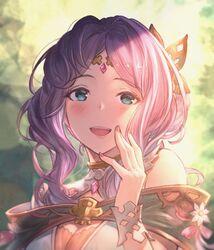  blush breasts choker cleavage commentary female flower forehead_jewel granblue_fantasy green_eyes hair_intakes hair_ornament hand_up highres lennah long_hair open_mouth pink_hair pink_nails sassakntm sidelocks smile solo teeth upper_body upper_teeth_only wrist_cuffs wristband 