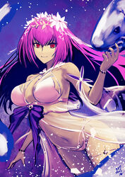  152_in_can absurdres bead_bracelet beads bracelet breasts brooch fate/grand_order fate_(series) female fish flower hair_flower hair_ornament heart heart_brooch highres jewelry large_breasts long_hair looking_at_viewer navel one-piece_swimsuit purple_hair red_eyes scathach_(fate) scathach_skadi_(fate) scathach_skadi_(swimsuit_ruler)_(fate) scathach_skadi_(swimsuit_ruler)_(third_ascension)_(fate) smile snow solo swimsuit veil white_one-piece_swimsuit 