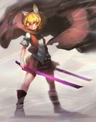  absurdres animal_ears ascot belt belt_boots black_ascot black_belt blonde_hair blush boots brown_cape brown_footwear brown_skirt brown_vest cape commentary cookie_(touhou) dual_wielding female fox_ears full_body grin highres holding holding_staff looking_to_the_side miramikaru_riran niwarhythm pleated_skirt red_eyes shirt short_hair short_sleeves skirt smile solo staff standing teeth vest white_shirt wind 