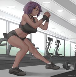  abs absurdres ankle_socks artist_name bare_legs bare_shoulders black_footwear black_sports_bra bleach breasts crop_top dark-skinned_female dark_skin elliptical exercise_machine exercising female full_body gym hair_between_eyes hair_ribbon high_ponytail highres indoors large_breasts long_hair midriff nike_(company) purple_hair red_ribbon ribbon shellvi shihouin_yoruichi shoes short_shorts shorts sneakers socks solo sports_bikini sports_bra standing sweat sweatband toned treadmill weights white_socks wristband yellow_eyes 