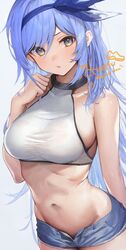  bae_minah_(chaesu) blue_hair blue_headband breasts commission cowboy_shot crop_top cyobiro female gradient_eyes groin hair_over_one_eye halter_shirt halterneck hand_up headband highres large_breasts long_hair looking_at_viewer midriff multicolored_eyes navel original short_shorts shorts sideboob skeb_commission solo very_long_hair white_background 