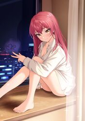  absurdres ass bare_legs barefoot blush borrowed_clothes breasts cleavage curtains feet female foot_out_of_frame glass_writing head_tilt highres idolmaster idolmaster_cinderella_girls indoors jougasaki_mika knees_up legs long_hair looking_at_viewer medium_breasts naked_shirt night night_sky no_pants pink_hair shirt sky smile solo sorugi_park straight_hair toenails toes very_long_hair w white_shirt window 