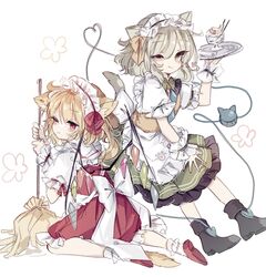  2girls :q ;) alternate_costume animal_ears apron back_bow black_footwear blonde_hair blush boots bow broom cat_ears cat_girl cat_tail collared_shirt crystal eyeball flandre_scarlet frilled_shirt_collar frilled_skirt frilled_sleeves frills green_eyes green_hair green_skirt hair_between_eyes hair_ribbon heart heart_of_string holding holding_broom holding_plate kneeling komeiji_koishi looking_at_viewer looking_back maid_headdress medium_hair multiple_girls one_eye_closed one_side_up paw_print plate puffy_short_sleeves puffy_sleeves red_eyes red_legwear red_ribbon red_skirt red_vest ribbon shirt shoes short_sleeves simple_background skirt smile sorani_(kaeru0768) tail third_eye tongue tongue_out touhou vest waist_apron wavy_hair white_background white_shirt wings wrist_cuffs yellow_ribbon yellow_shirt 