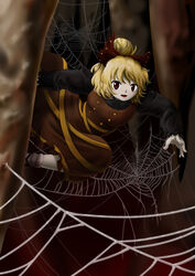  black_shirt blonde_hair bow brown_bow brown_dress buttons collared_shirt commentary_request dress female frilled_sleeves frills full_body hair_bun hairbow highres kurodani_yamame long_sleeves looking_at_viewer official_style open_mouth parasite_oyatsu parody ribbon shirt short_hair silk single_hair_bun socks solo spider_web style_parody touhou white_socks yellow_ribbon zun_(style) 