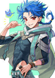  1boy belt blue_hair bracelet braid braided_ponytail capelet cu_chulainn_(fate) earrings fate/grand_order fate/grand_order_arcade fate_(series) floating_hair from_side g0ringo highleg highres jewelry lolicon long_hair long_sleeves looking_at_viewer male_focus red_eyes setanta_(fate) skin_tight smile thumbs_up 