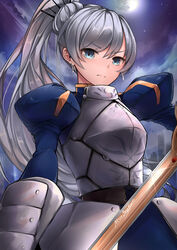  &gt;:( absurdres armor artoria_pendragon_(all) belt blue_dress blue_eyes closed_mouth commentary commission cosplay dress earrings english_commentary eyebrows_visible_through_hair fate/stay_night fate_(series) female frown gauntlets grey_hair highres holding holding_sword holding_weapon jewelry juliet_sleeves long_hair long_sleeves looking_at_viewer moon moonlight neonbeat ponytail puffy_sleeves rwby saber saber_(cosplay) signature solo standing sword upper_body v-shaped_eyebrows very_long_hair weapon weiss_schnee 