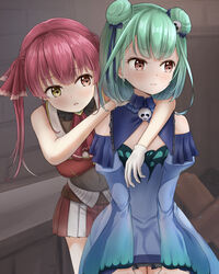  2girls arm_across_chest arm_on_another&#039;s_shoulder asakura_(asa_t77) ascot blue_dress bodysuit breasts commentary_request cowboy_shot detached_sleeves double_bun dress expressionless flat_chest gloves green_hair grey_background hair_bun hair_ornament hair_ribbon heterochromia highres hololive houshou_marine houshou_marine_(1st_costume) leaning_forward leaning_on_person long_sleeves looking_to_the_side medium_breasts multiple_girls parted_lips pleated_skirt red_ascot red_eyes red_hair red_vest ribbon short_hair skirt skull_hair_ornament two-tone_skirt two_side_up uruha_rushia uruha_rushia_(1st_costume) vest virtual_youtuber white_gloves yellow_eyes 