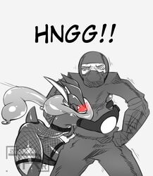  anthro blush clothing duo female fishnet_clothing generation_6_pokemon greninja hi_res hug human male mammal monochrome ninja nintendo pokemon pokemon_(species) teaspoon warrior wide_hips 