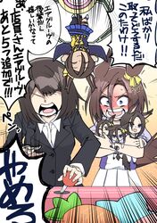  2girls air_groove_(umamusume) animal_ears blue_eyes blush bow brown_hair character_doll crane_game eyes_visible_through_hair faceless faceless_female female_trainer_(umamusume) formal hachiman_(douno) hair_between_eyes highres holding holding_microphone horse_ears horse_girl horse_tail long_hair medium_hair microphone multiple_girls pleated_skirt purple_shirt sailor_collar sailor_shirt school_uniform shirt short_hair skirt stuffed_carrot stuffed_toy suit summer_uniform tail tail_raised tracen_school_uniform trainer_(umamusume) translated umamusume white_skirt wide-eyed wide_sleeves yellow_bow 