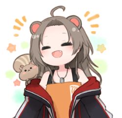  animal_ears animal_on_shoulder brown_hair closed_eyes commentary_request dog_tags female forehead highres hololive jacket long_hair matsurisu natsuiro_matsuri natsuiro_matsuri_(gaming_casual) oerba_yun_fang open_mouth smile solo squirrel squirrel_ears squirrel_girl star_(symbol) tonton_(tonz159) upper_body virtual_youtuber 