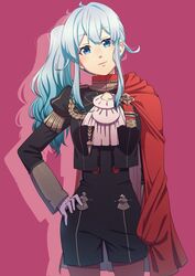  aduti_momoyama ascot blue_eyes blue_hair cape cosplay edelgard_von_hresvelg edelgard_von_hresvelg_(cosplay) female fire_emblem fire_emblem:_three_houses garreg_mach_monastery_uniform gloves grey_hair hair_between_eyes hair_ornament hair_ribbon highres long_hair long_sleeves looking_at_viewer nijisanji pantyhose red_cape ribbon side_ponytail simple_background smile solo virtual_youtuber white_background yukishiro_mahiro 