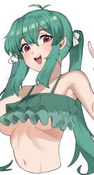  :d antenna_hair bad_id bad_twitter_id bikini blush breasts cropped_torso female frilled_bikini frills green_hair hair_between_eyes hair_ribbon long_hair looking_at_viewer open_mouth original red_eyes ribbon round_teeth saru_(monkey_magic3) simple_background smile solo swimsuit teeth twintails underboob upper_body upper_teeth_only white_background 