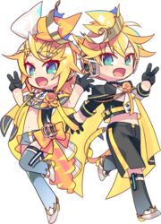  1boy aqua_eyes bass_clef belt black_gloves black_legwear black_shorts blonde_hair bow cape chibi crop_top crown female finger_counting finger_counting_duo flower full_body gloves grey_legwear grey_shorts hairbow half_gloves hip_gear kagamine_len kagamine_rin kagamine_rin/len_happy_14th_birthday leg_up looking_at_viewer midriff navel negi_(ulog&#039;be) official_alternate_costume official_art open_mouth over-kneehighs pendant_choker short_ponytail short_shorts shorts smile spiked_hair standing standing_on_one_leg thighhighs transparent_background treble_clef two-sided_shorts two-tone_bow v vocaloid white_bow yellow_bow yellow_cape yellow_flower 