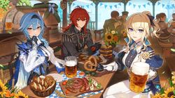  &quot;once_upon_a_time_in_mondstadt&quot;_(genshin_impact) 2girls absurdres alcohol antenna_hair artist_request beer beer_keg beer_mug belt black_coat black_gloves black_hairband black_necktie blonde_hair blue_belt blue_capelet blue_eyes blue_hair bread bunting capelet center_frills closed_mouth coat commentary crossed_bangs cup detached_sleeves diluc_(genshin_impact) eula_(genshin_impact) flower food fork frills genshin_impact german_commentary gloves hair_between_eyes hair_ornament hair_ribbon hairband handkerchief highres holding holding_cup holding_handkerchief jean_(genshin_impact) jean_(gunnhildr&#039;s_legacy)_(genshin_impact) long_sleeves looking_at_viewer medium_hair mug multiple_boys multiple_girls necktie official_alternate_costume official_art oktoberfest open_mouth pants people plant ponytail pretzel red_eyes red_hair ribbon sausage short_ponytail sidelocks sitting smile string_of_flags sunflower table tablecloth upper_body vambraces vest white_pants white_sleeves white_vest wide_sleeves wiping_mouth wooden_chair wooden_table wrist_guards yellow_eyes 