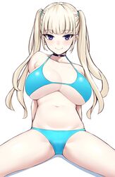  bare_shoulders bikini blonde_hair blue_bikini blue_eyes blush breasts choker cleavage closed_mouth collarbone female highres jewelry large_breasts light_blonde_haired_girl_(michihasu) long_hair looking_at_viewer michihasu original sidelocks simple_background sitting solo spread_legs swimsuit thighs twintails white_background 