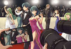  5girls 6+boys :d ^_^ alternate_costume arm_strap bare_shoulders black_bow black_bowtie black_jacket black_pants blue_dress blue_hair bow bowtie breasts brown_hair byleth_(female)_(fire_emblem) byleth_(fire_emblem) byleth_(male)_(fire_emblem) camera cellphone cleavage closed_eyes commentary contemporary crowd dress dual_persona earrings english_commentary father_and_daughter father_and_son fire_emblem fire_emblem:_three_houses flayn_(fire_emblem) flower formal green_little hair_between_eyes hair_flower hair_ornament holding holding_camera holding_phone jacket jeralt_reus_eisner jewelry kronya_(fire_emblem) large_breasts long_hair manuela_casagranda multiple_boys multiple_girls open_mouth pants parted_lips phone pink_dress red_carpet rhea_(fire_emblem) short_hair side_slit smartphone smile strapless strapless_dress suit very_long_hair waving white_dress white_flower 