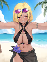  absurdres ahoge alternate_hair_color armlet artist_name beach bikini black_bikini black_sarong blonde_hair blue_flower blue_sky breasts cloud cyberlive dark-skinned_female dark_skin day earrings eyewear_on_head female flower gyaru halterneck highres jewelry kabedon kabedon_on_viewer kogal large_breasts looking_at_viewer medium_hair multi-strapped_bikini_bottom navel necklace o-ring o-ring_bikini o-ring_top ocean ohisashiburi_(style) oumiya_emma outdoors outstretched_arms palm_tree parted_bangs parted_lips pov red_eyes sarong see-through sky smug solo stomach sunglasses svet_yomi swimsuit tree virtual_youtuber water 