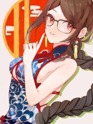  bare_shoulders black-framed_eyewear braid braided_ponytail breasts brown_eyes brown_hair china_dress chinese_clothes commentary_request dress ear_piercing earrings fate/grand_order fate_(series) female fingernails glasses highres index_finger_raised jewelry long_hair looking_at_viewer medium_breasts official_alternate_costume piercing pink_nails sideboob sleeveless sleeveless_dress smile solo t_maguo upper_body very_long_hair yu_mei-ren_(fate) yu_mei-ren_(spare_the_idle_talk)_(fate) 