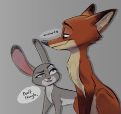  2020 brown_body brown_fur canid canine dialogue dipstick_ears disney duo ear_markings english_text female feral feralized fox fur grey_background grey_body grey_fur judy_hopps lagomorph leporid male mammal multicolored_ears nick_wilde open_mouth open_smile qalcove rabbit red_fox simple_background smile speech_bubble text true_fox zootopia 