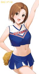  absurdres arm_up armpits blue_shirt blue_skirt breasts brown_eyes brown_hair cheerleader collarbone cowboy_shot crop_top cropped_shirt dated female hand_on_own_hip highres holding holding_pom_poms idolmaster idolmaster_cinderella_girls idolmaster_cinderella_girls_starlight_stage looking_at_viewer medium_breasts midriff mizuki_seira navel onao open_mouth pleated_skirt pom_pom_(cheerleading) shirt short_hair simple_background skirt smile solo standing sweat white_background 