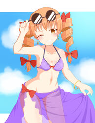  absurdres adjusting_eyewear alternate_costume bangle bikini bracelet breasts cleavage collarbone commentary_request cowboy_shot drill_hair earrings eyewear_on_head female frilled_bikini frills gold grin hand_on_eyewear highres jewelry leaning_forward light_brown_hair long_hair masakano_masaka navel one_eye_closed orange_eyes purple_bikini purple_sarong ribbon round_eyewear sarong see-through see-through_sarong smile solo sunglasses swimsuit touhou twin_drills yorigami_jo&#039;on 