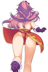  angela_(seiken_densetsu_3) ankle_boots ass back backless_outfit bare_back boots breasts cameltoe clenched_hand clothes_lift coattails commentary_request elbow_gloves facing_away female flipped_hair floating_hair from_behind from_below gameplay_mechanics gloves hat hatakenaka_(kamagabuchi) high_heel_boots high_heels highres kneepits leaning_forward leg_up leotard leotard_peek long_hair medium_breasts mini_hat pink_hair purple_footwear purple_gloves purple_hair purple_hat red_leotard red_skirt running seiken_densetsu seiken_densetsu_3 showgirl_skirt simple_background skirt skirt_lift solo thighs upskirt wavy_hair white_background wind wind_lift 