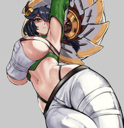  :&lt; absurdres ajax_(last_origin) areola_slip armpits black_hair braid breasts female grey_background highres horns korean_commentary large_breasts last_origin midriff narcur navel one_eye_covered shield sideboob simple_background single_braid solo wide_hips yellow_eyes 