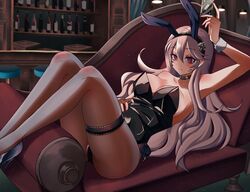  absurdres alternate_costume animal_ears black_hairband black_leotard blush breasts card choker cleavage collarbone corrin_(female)_(fire_emblem) corrin_(fire_emblem) couch eine_(eine_dx) female fire_emblem fire_emblem_fates hair_ornament hairband high_heels highres leotard long_hair looking_at_viewer medium_breasts nail_polish pantyhose platinum_blonde_hair playboy_bunny pointy_ears rabbit_ears red_eyes smile solo strapless strapless_leotard uno_(game) 