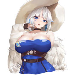  absurdres alchemy_stars azure_(alchemy_stars) bare_shoulders belt black_belt black_choker blue_dress blue_eyes blunt_bangs breasts choker cleavage commentary covered_navel dress facial_mark female fur-trimmed_jacket fur_trim hat head_tilt highres jacket large_breasts long_sleeves looking_at_viewer off_shoulder open_mouth short_hair simple_background sleeves_past_wrists solo strapless strapless_dress upper_body van.elv white_background white_hair white_jacket 