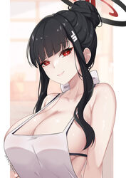  absurdres alternate_hairstyle amai-pai apron armpit_crease barre black_bra black_hair blue_archive blunt_bangs bra breasts cleavage closed_mouth female hair_bun hair_ornament halo highres large_breasts long_hair looking_at_viewer nearly_naked_apron pillarboxed red_eyes rio_(blue_archive) sidelocks smile solo strap_gap sweat underwear upper_body white_apron 