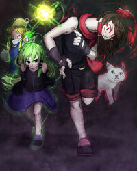  3girls absurdres alternate_costume aura bare_shoulders belt benikurage_(cookie) black_eyes black_gloves black_shirt black_shorts black_sleeves blonde_hair blue_skirt bow brown_belt brown_hair brown_headwear closed_mouth commentary_request cookie_(touhou) cross energy facepaint feline fingerless_gloves floating frilled_bow frills full_body gloves green_eyes hair_between_eyes hair_tubes hairbow hakurei_reimu highres kaibara_elena_(cookie) kochiya_sanae long_hair looking_at_viewer medium_hair miura_cat moriya_suwako multiple_girls niwarhythm open_mouth paseri_(cookie) red_bow red_eyes red_scarf scarf shirt shorts skirt sleeveless sleeveless_shirt smile touhou walking 