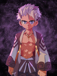  1boy abs character_request colored_skin gem highres jewelry kabon_(b00902061) lolicon looking_at_viewer male_focus multicolored_hair muscular muscular_child muscular_male orange_skin purple_eyes purple_hair scar scar_on_chest scared solo starry_background tower_of_saviors white_hair 