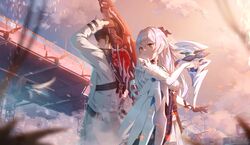  1boy adam_(honkai_impact) back-to-back black_gloves bow_(weapon) bronya_zaychik bronya_zaychik_(silverwing:_n-ex) brown_coat brown_hair caisena closed_mouth cloud cloudy_sky coat dress female gloves grey_eyes grey_hair hair_ornament highres holding holding_sword holding_weapon honkai_(series) honkai_impact_3rd long_hair long_sleeves outdoors short_hair single_glove sky smile sunset sword weapon white_dress 