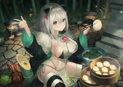  absurdres animal_ears bamboo bamboo_forest bamboo_steamer baozi basket bikini black_bikini braid breasts china_dress chinese_clothes chopsticks cleavage commentary_request dress dumpling female food forest fur-trimmed_jacket fur_trim grey_eyes grey_hair highres jacket lantern large_breasts looking_at_viewer lynn_(pride_of_eden) mamima multi-strapped_bikini_bottom nature panda_ears pelvic_curtain red:_pride_of_eden see-through short_hair side-tie_bikini_bottom sitting smile solo striped_clothes striped_thighhighs swimsuit thighhighs wariza 