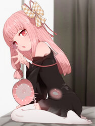  armpit_crease bare_shoulders barefoot bed black_dress black_sleeves blunt_bangs blurry blurry_background blush clothed_after_sex detached_sleeves dress female fertilization hair_ribbon hair_tie highres impregnation indoors kotonoha_akane long_hair looking_at_viewer no_shoes oerba_yun_fang on_bed open_mouth ovum pink_eyes pink_hair red_ribbon ribbon room sidelocks sitting solo speech_bubble sumiyao_(amam) thighhighs voiceroid white_thighhighs x-ray 