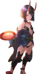  absurdres alcohol ankle_ribbon bare_shoulders barefoot barefoot_sandals_(jewelry) blush bob_cut breasts closed_mouth collarbone cup eyeliner fate/grand_order fate_(series) female gourd grey_background headpiece highres horns japanese_clothes kimono leg_ribbon legs long_sleeves looking_at_viewer makeup obi off_shoulder oni otsukemono petite purple_eyes purple_hair purple_kimono red_ribbon revealing_clothes ribbon sakazuki sake sash short_eyebrows short_hair short_kimono shuten_douji_(fate) simple_background skin-covered_horns small_breasts smile solo thighs 