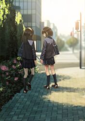  2girls bag black_hair black_legwear blurry cityscape commentary_request crosswalk depth_of_field facing_away facing_to_the_side flower kagumanikusu kneehighs long_hair multiple_girls original outdoors scenery school_bag school_uniform short_hair socks walking 