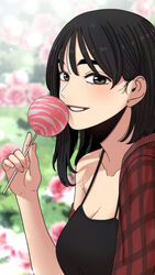  absurdres beautiful_gunbari black_eyes black_hair blurry blurry_background breasts cleavage copyright_name day female flower gwanak highres jacket looking_at_viewer medium_breasts outdoors plaid plaid_jacket red_jacket shin_sol smile solo upper_body 