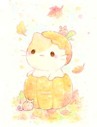  :&lt; :3 animal animal_focus artist_name autumn bisquii blush chibi closed_mouth feline leaf miew mouse_(animal) no_humans original painting_(medium) pumpkin pumpkin_hat squash traditional_media watercolor_(medium) 