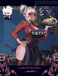  apron bad_id bad_pixiv_id black_thighhighs blunt_bangs blush breasts cleavage clothes_writing commentary covered_navel covered_nipples crepe demon_girl demon_tail english_text female food fork glorious_success hand_up helltaker horns looking_at_viewer lucifer_(helltaker) mole mole_under_eye niur plate ponytail red_eyes skeleton_(helltaker) skindentation solo tail tail_wagging thighhighs white_hair 