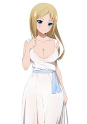  absurdres bare_arms blonde_hair blue_eyes blush braid breasts cleavage collarbone coro_fae dress female hayasaka_ai haysaca_a._smithee highres kaguya-sama_wa_kokurasetai_~tensai-tachi_no_renai_zunousen~ long_hair simple_background smile solo sundress white_background white_dress 