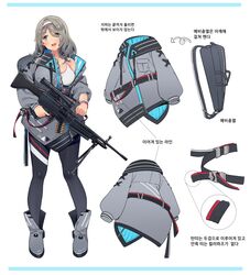  commentary_request concept_art daewoo_k3 ddal female girls&#039;_frontline grey_eyes grey_hair gun highres jacket k3_(girls&#039;_frontline) korean_commentary korean_text long_hair machine_gun off_shoulder reference_sheet smile solo weapon 