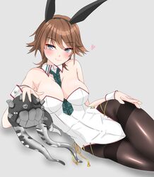  abyssal_ship alternate_costume animal_ears between_breasts black_legwear breasts brown_hair cleavage commentary_request detached_collar enemy_naval_mine_(kancolle) fake_animal_ears female flipped_hair green_eyes green_necktie grey_background hiei_(kancolle) highres kantai_collection leotard looking_at_viewer lying medium_breasts necktie nitamako_(sakamalh) on_side pantyhose playboy_bunny rabbit_ears short_hair simple_background strapless strapless_leotard teeth tentacle thighband_pantyhose white_leotard wrist_cuffs 