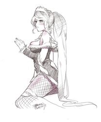  breasts closed_mouth dated ejami female fishnets greyscale highres league_of_legends long_hair monochrome nidalee ponytail signature simple_background solo very_long_hair white_background 