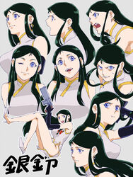  black_hair blue_eyes breasts china_dress chinese_clothes closed_mouth dress elbow_gloves female giant_robo ginrei_(giant_robo) gloves gun hamu_fukurou holding long_hair looking_at_viewer mackintosh_rose multiple_views open_mouth simple_background smile weapon 