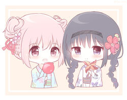  2girls :d akemi_homura alternate_costume alternate_hairstyle apple aqua_kimono arm_at_side beige_background black_hair black_hairband black_sash blue_flower blue_rose border braid candy_apple cherry_blossoms chibi commentary_request cropped_torso dot_nose double_bun eyes_visible_through_hair floral_print flower food fruit green_flower green_rose green_sash grey_flower grey_kimono hair_between_eyes hair_bun hair_flower hair_ornament hairband happy highres holding holding_food holding_toy japanese_clothes jitome kaname_madoka kanzashi kimono light_blush light_smile long_hair mahou_shoujo_madoka_magica mahou_shoujo_madoka_magica_(anime) multiple_girls obi obijime open_mouth pastel_colors pink_eyes pink_flower pink_hair pinwheel purple_eyes purple_flower rose rose_print sash side-by-side sidelocks simple_background smile tareme toy tsumami_kanzashi twin_braids white_border yuki_(33098065) 