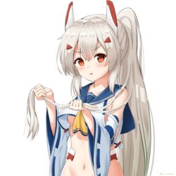  :&gt; :d adjusting_hair ayanami_(azur_lane) ayanami_(retrofit)_(azur_lane) azur_lane blue_sailor_collar blush breasts collarbone commentary_request detached_sleeves doyagao female hair_between_eyes hair_ornament hairclip headgear highres holding holding_own_hair long_hair looking_at_viewer navel neckerchief open_mouth platinum_blonde_hair ponytail red_eyes sailor_collar school_uniform serafuku shirt sidelocks simple_background sironora small_breasts smile smug solo sparkle stomach twitter_username underboob v-shaped_eyebrows white_background white_shirt wide_sleeves yellow_neckerchief 