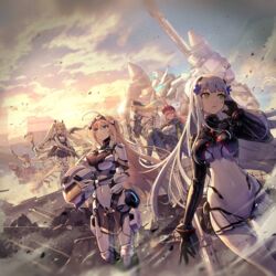  6+girls ahoge assault_rifle bad_link blonde_hair blue_eyes blurry blurry_foreground bodysuit breasts brown_headwear cloud covered_navel cowboy_hat cross cross_hair_ornament cross_patty debris desert_eagle desert_eagle_(garuda_of_the_empyrean)_(girls&#039;_frontline) desert_eagle_(girls&#039;_frontline) f1_(desert_dragons_and_epics)_(girls&#039;_frontline) f1_(girls&#039;_frontline) f1_submachine_gun facial_mark feet_out_of_frame girls&#039;_frontline green_eyes gun h&amp;k_hk416 h&amp;k_mg36 hair_ornament hand_on_own_face handgun hanyang_type_88_(girls&#039;_frontline) hanyang_type_88_(white_comet_bearer_of_wishes)_(girls&#039;_frontline) hat headgear helmet highres hk416_(girls&#039;_frontline) hk416_(midnight_evangelion)_(girls&#039;_frontline) holding holding_gun holding_helmet holding_weapon kuroi_susumu large_breasts light_machine_gun long_hair looking_afar looking_ahead machete machine_gun mecha mg36_(black_dragon_towering_over_s09)_(girls&#039;_frontline) mg36_(girls&#039;_frontline) multiple_girls official_alternate_costume official_art outdoors pilot_suit pink_hair riding rifle robot rubble science_fiction sig_mcx sig_mcx_(crimson_meteor)_(girls&#039;_frontline) sig_mcx_(girls&#039;_frontline) sig_sauer sitting sky standing submachine_gun sunset unworn_headwear unworn_helmet walker_(robot) weapon white_hair 